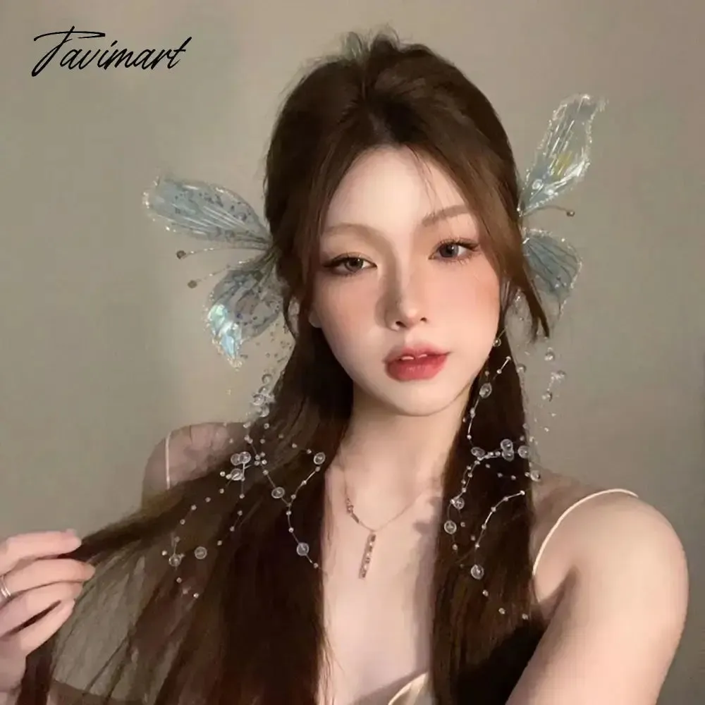 Tavimart Fairy Crystal Hairpin Large Butterfly Hairpin Tassel Side Clip Delicate Sweet Colorful Glitter Butterfly Hair Claw Girls Bridal