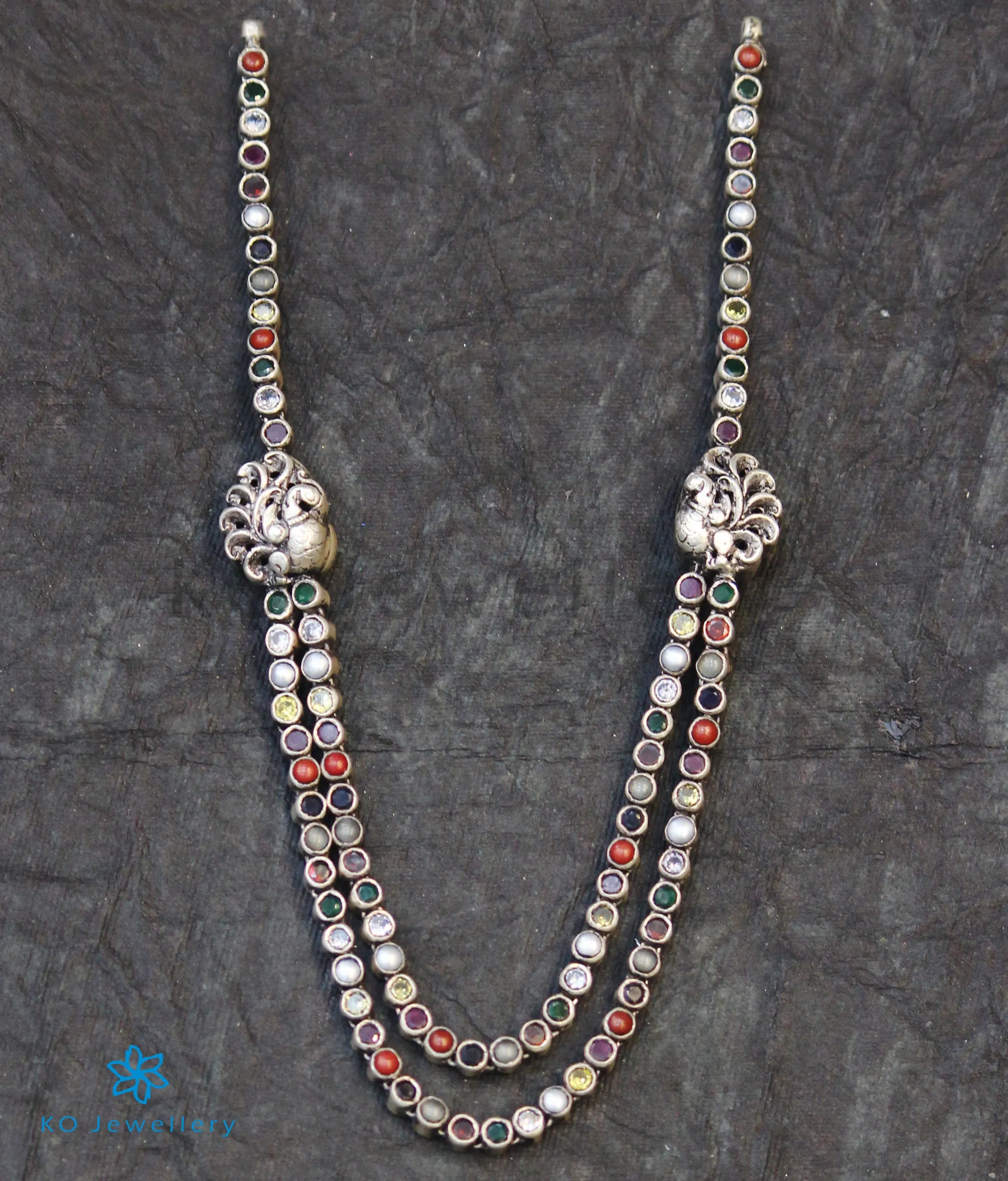 The Abhinaya Silver Reversible Peacock Navratna Necklace (Oxidised)