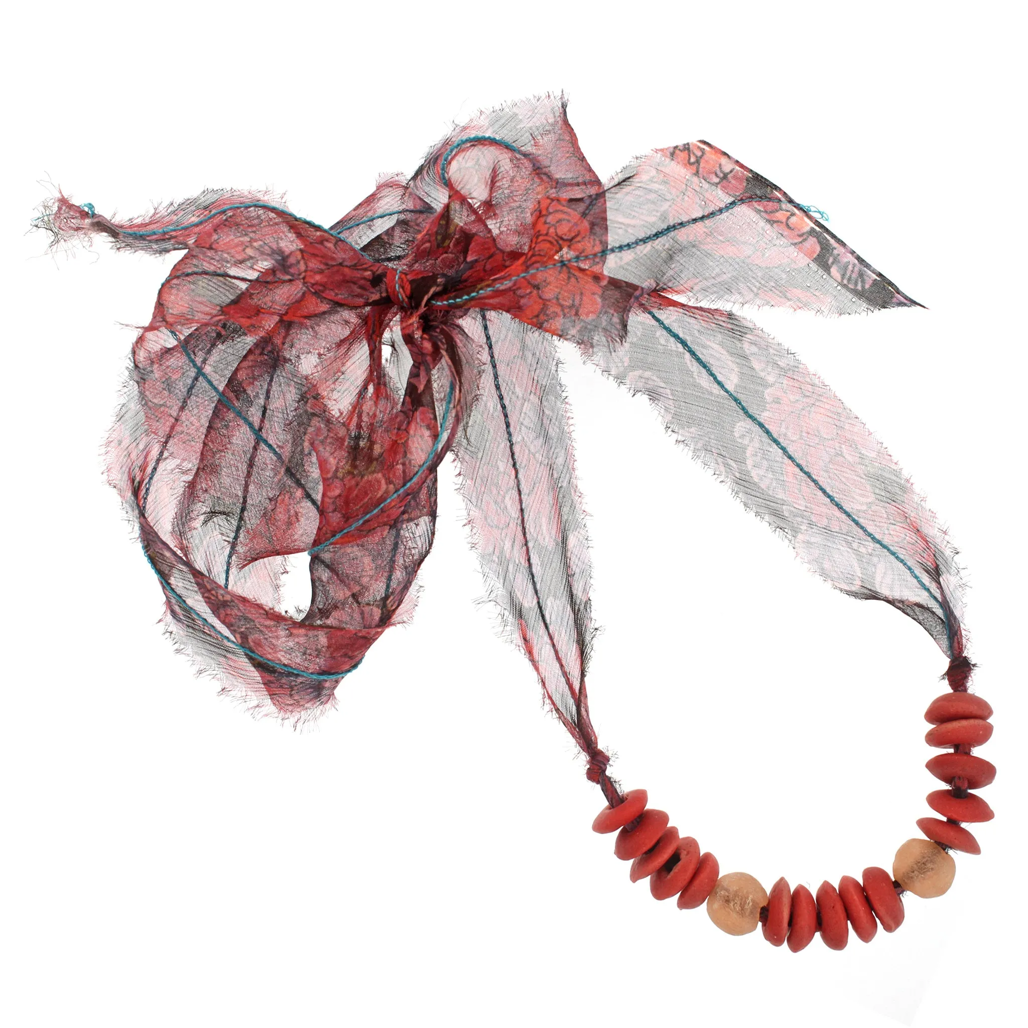 The African Glass Beads with Liberty Coral Daydream Print Silk Chiffon Tie Necklace