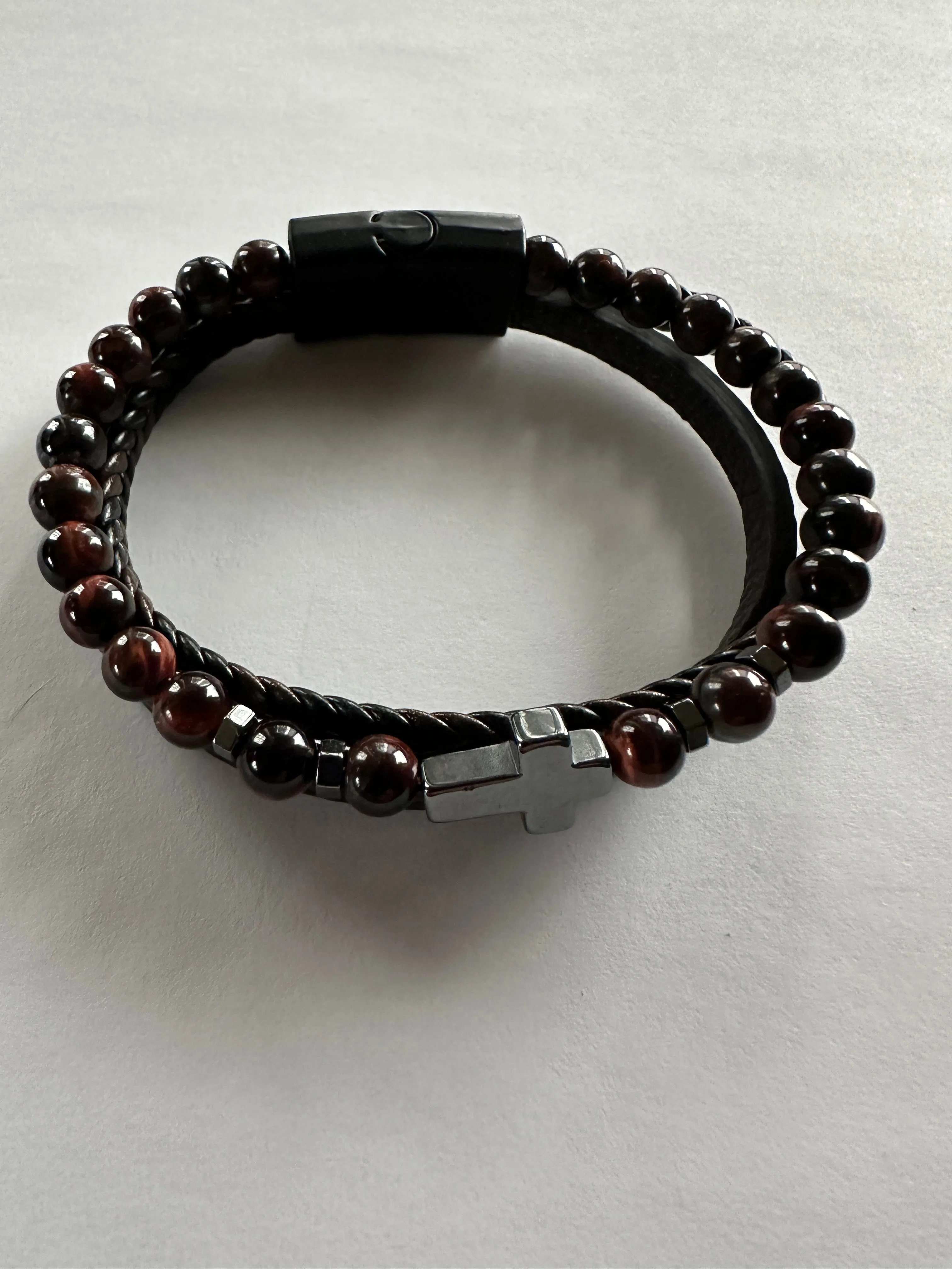 Tigers Eye Beaded Triple Wrap leather and Cross Bracelet