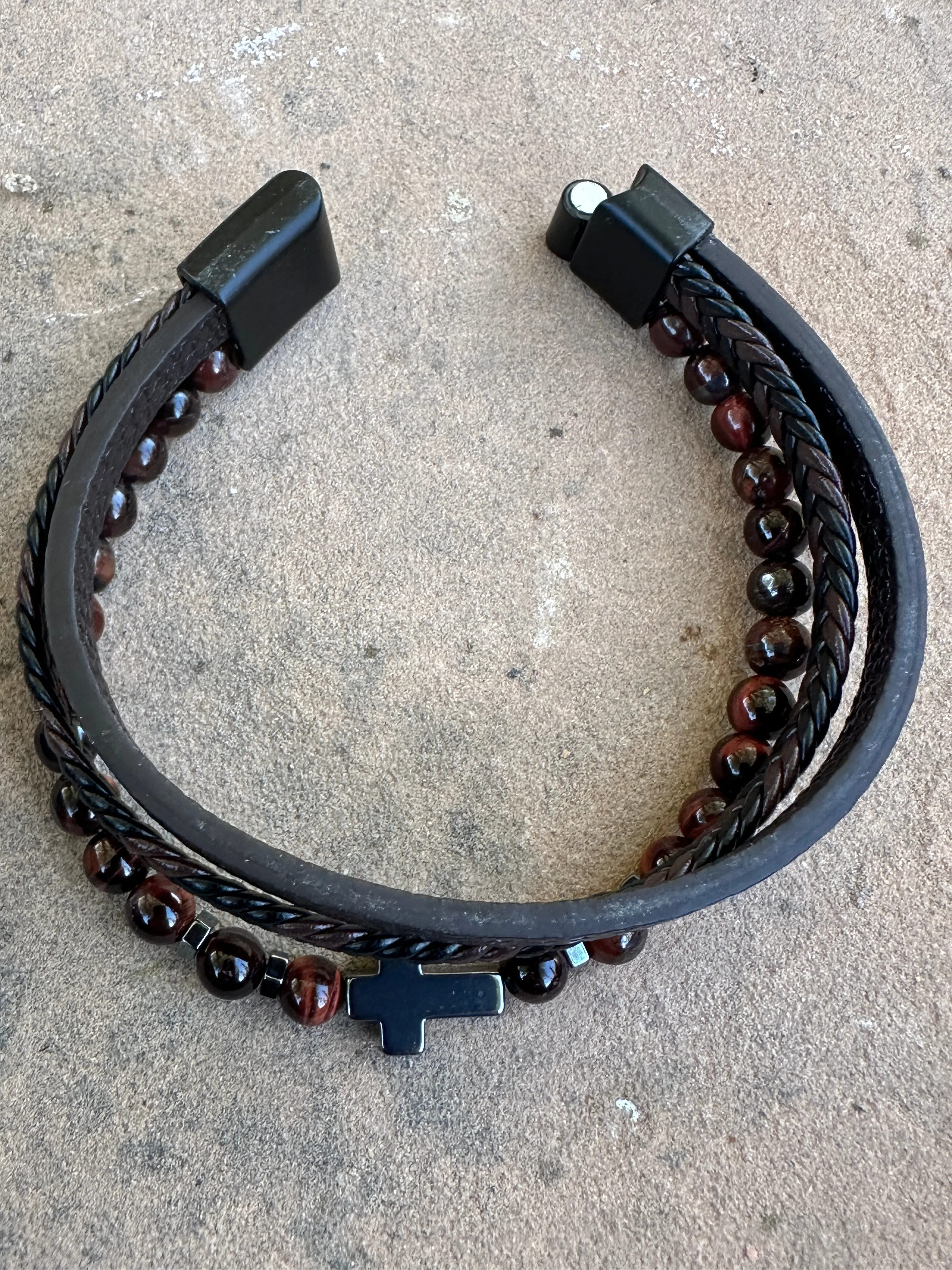 Tigers Eye Beaded Triple Wrap leather and Cross Bracelet