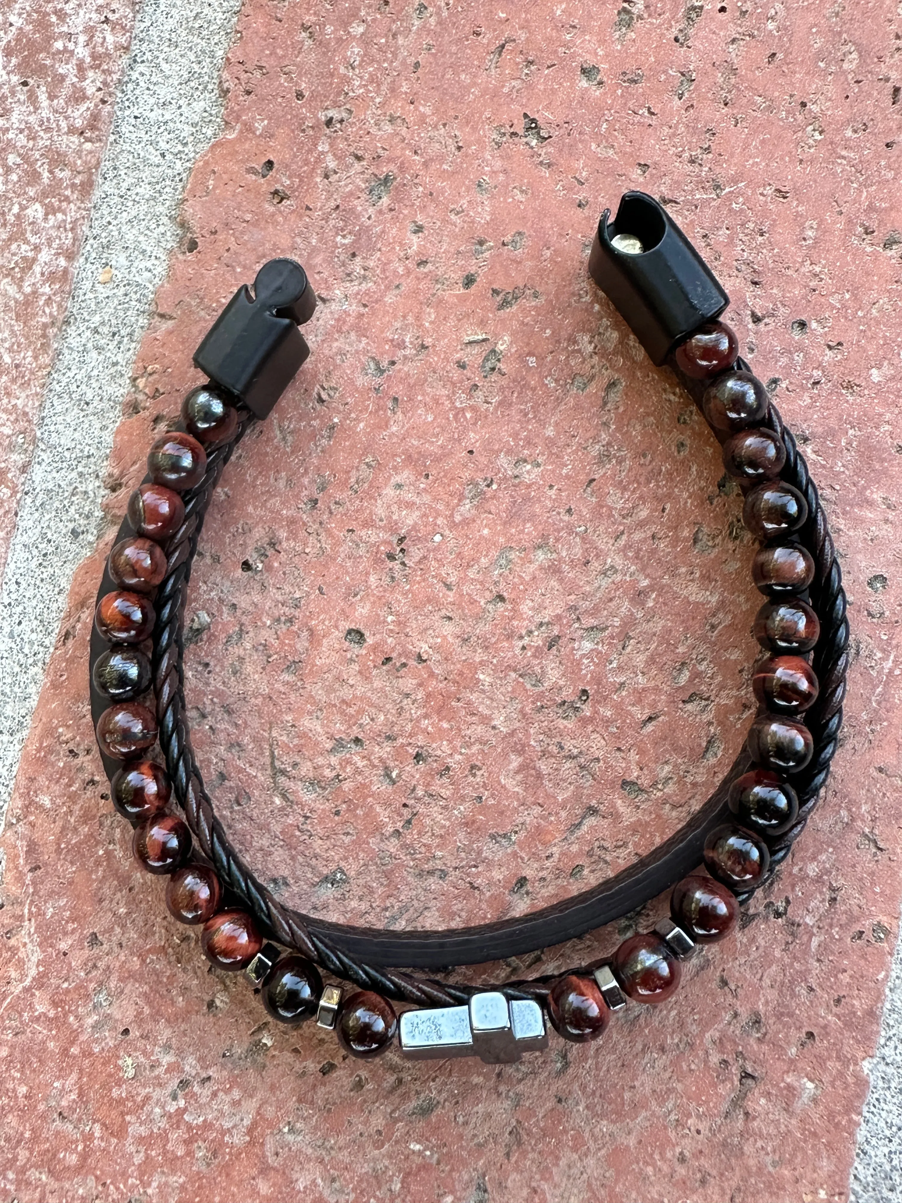 Tigers Eye Beaded Triple Wrap leather and Cross Bracelet