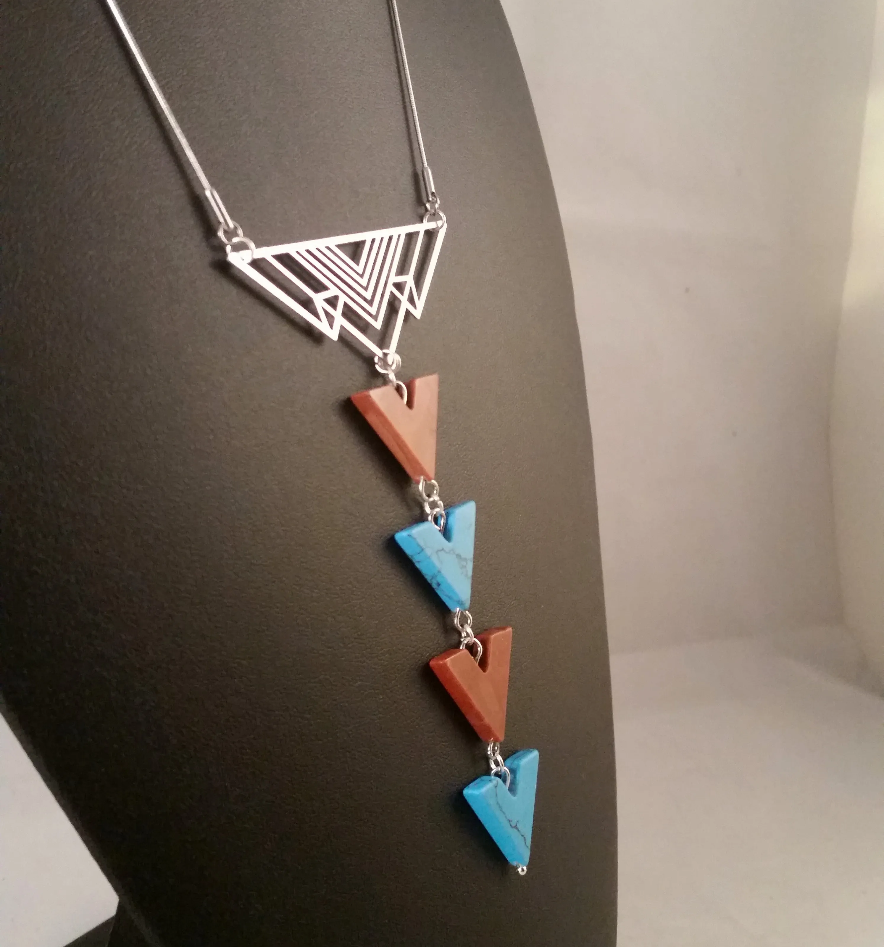 Turquoise Necklace Silver Triangle Howlite & Red Jasper