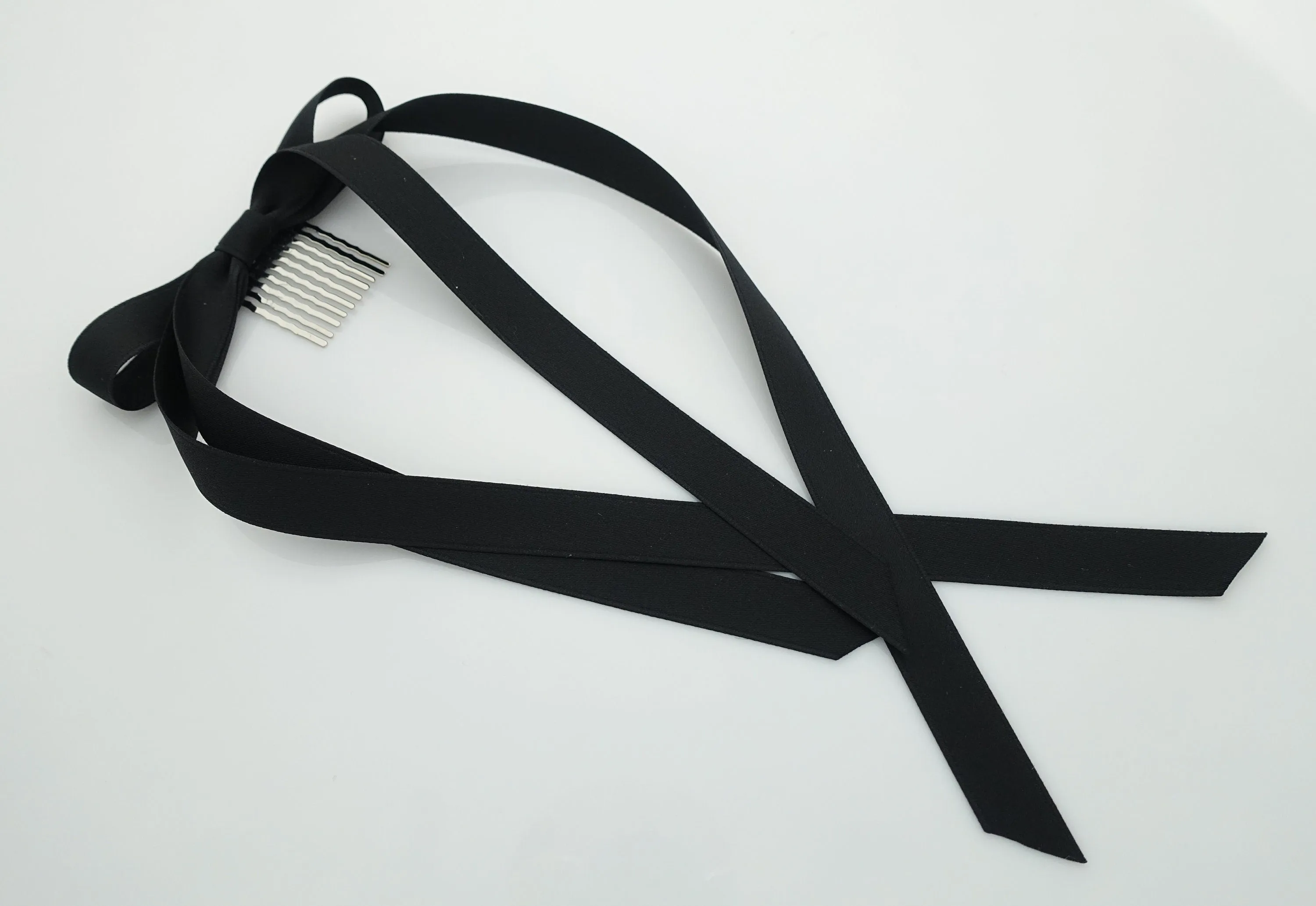 Very long narrow tail black cream satin bow hair tie ponytail holder comb for women