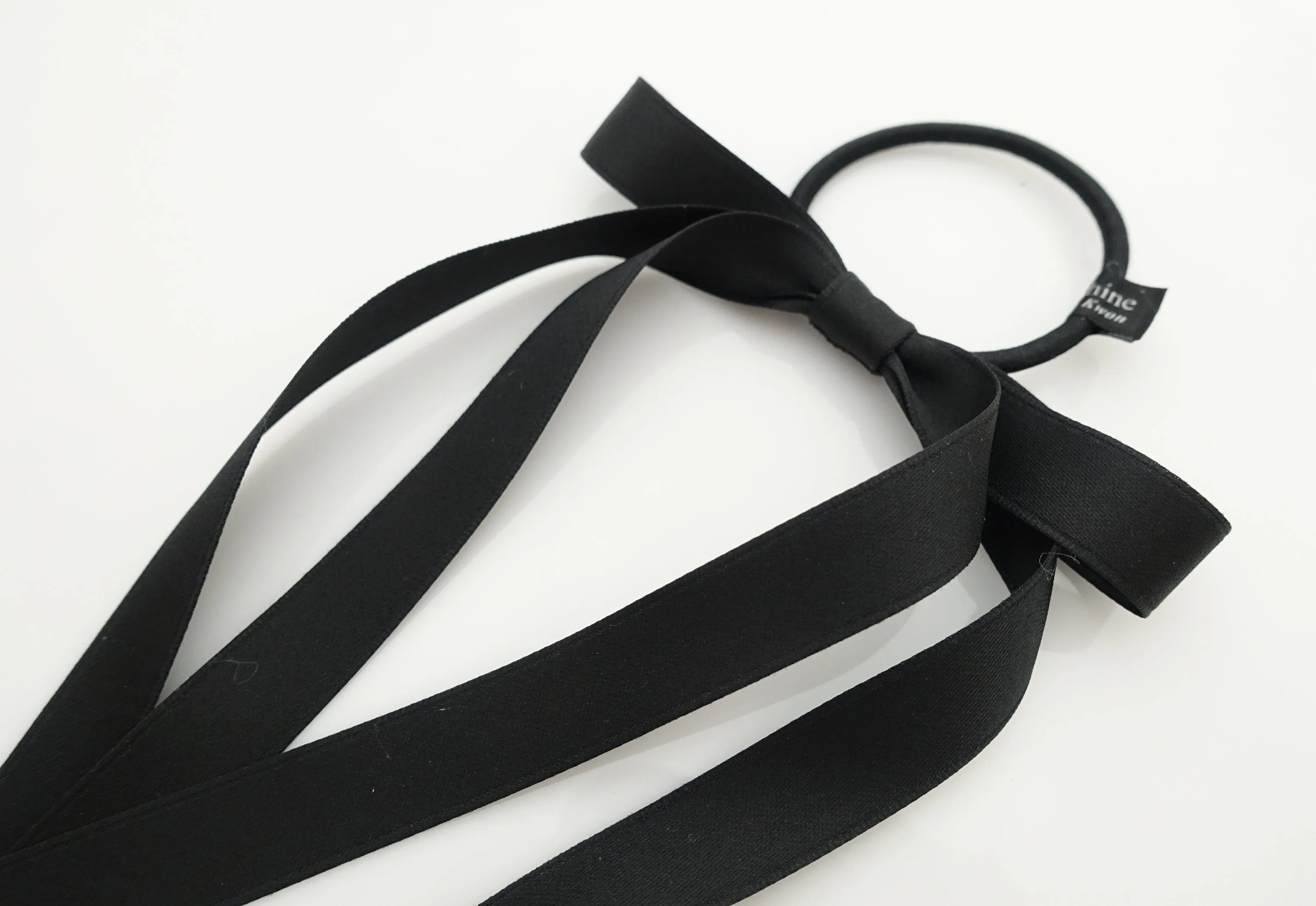 Very long narrow tail black cream satin bow hair tie ponytail holder comb for women