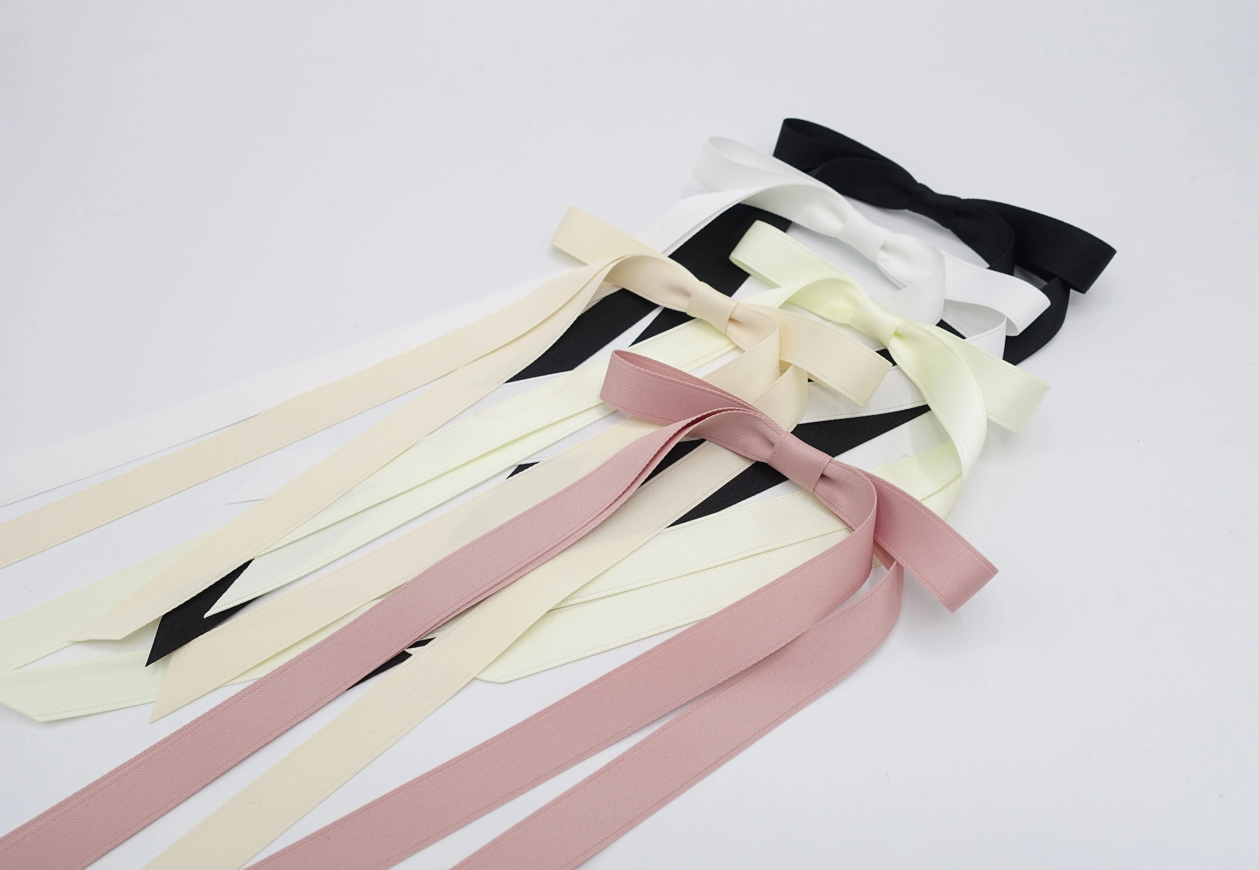 Very long narrow tail black cream satin bow hair tie ponytail holder comb for women