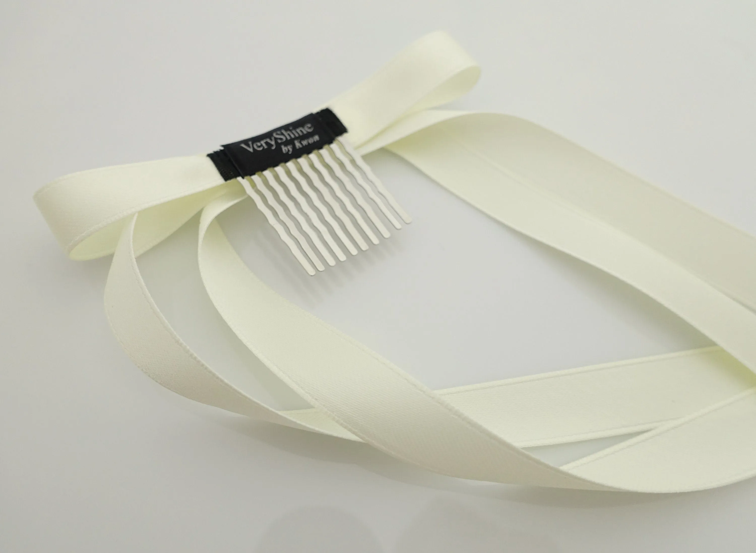 Very long narrow tail black cream satin bow hair tie ponytail holder comb for women