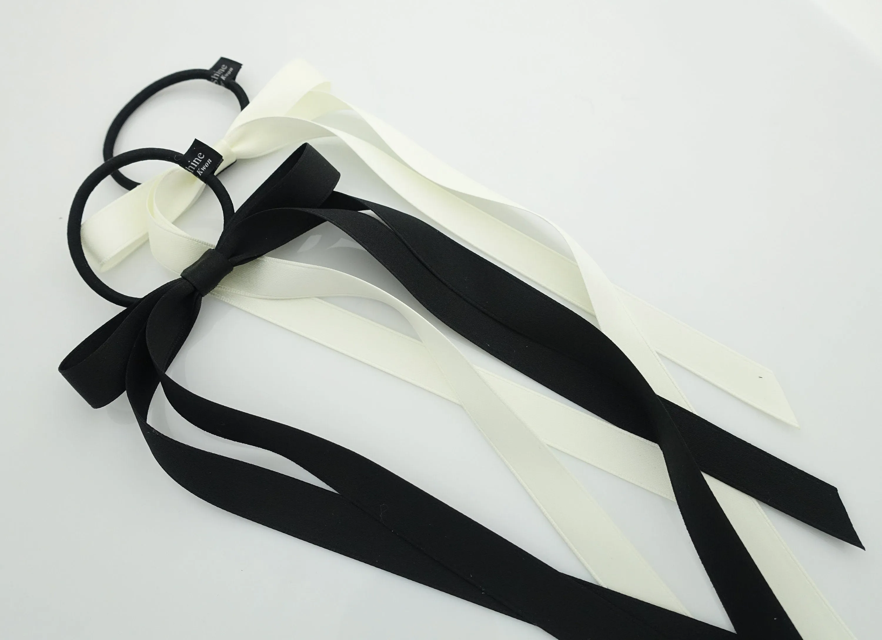 Very long narrow tail black cream satin bow hair tie ponytail holder comb for women