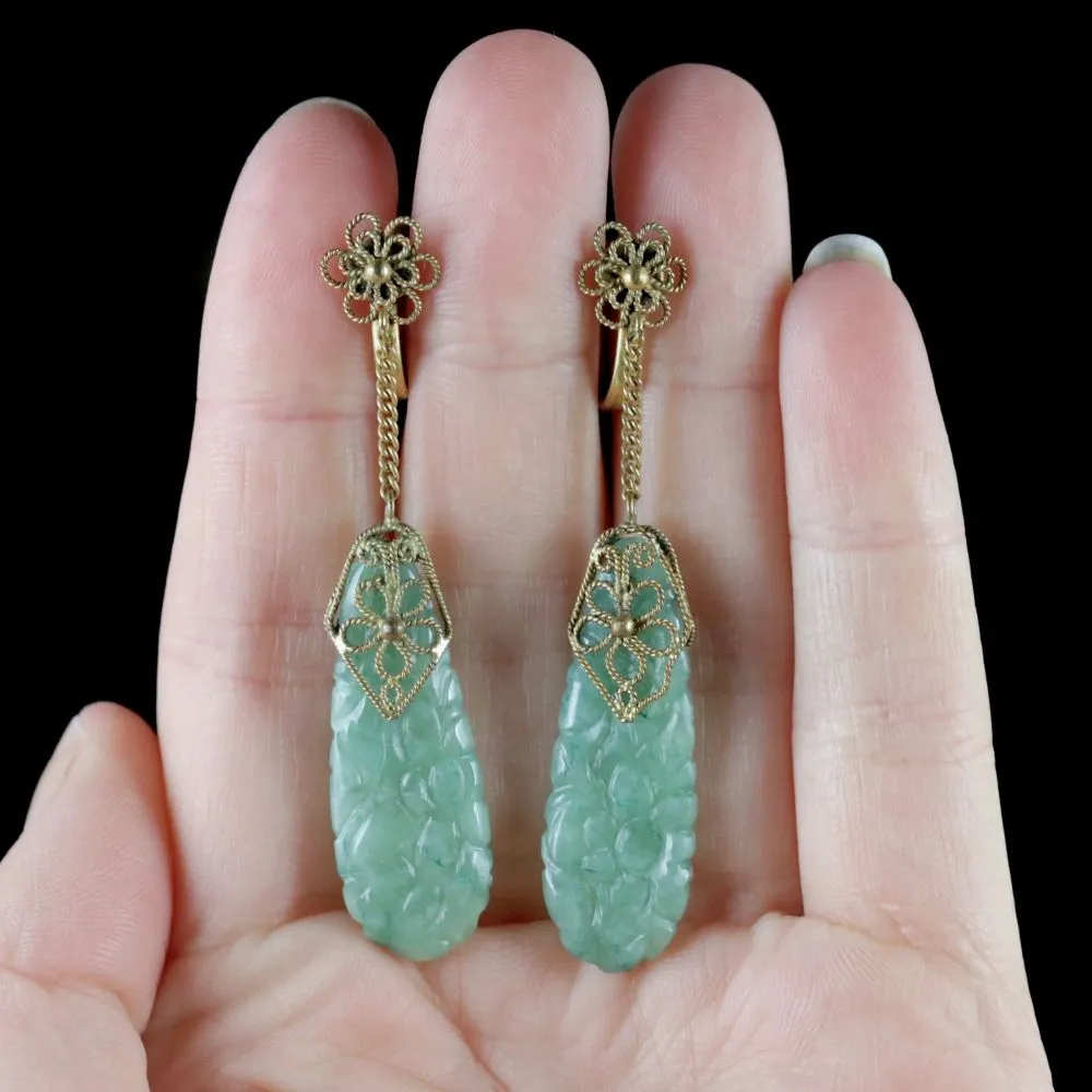 Victorian Jade Drop Earrings 18Ct Gold On Silver