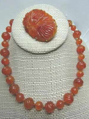 Vintage Carnelian Hand Knotted Carved Bead Necklace & Brooch Set 14k Gold Clasp