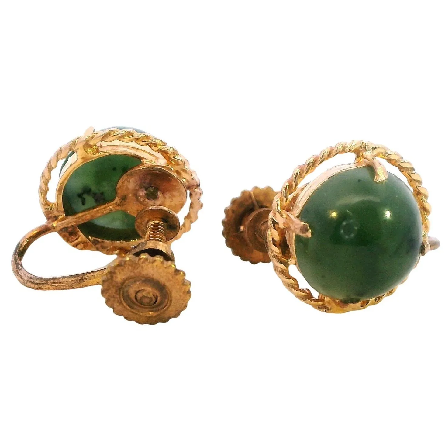 Vintage Elegance: Nephrite Jade Gold-Tone Screw Earrings - A Sustainable Choice