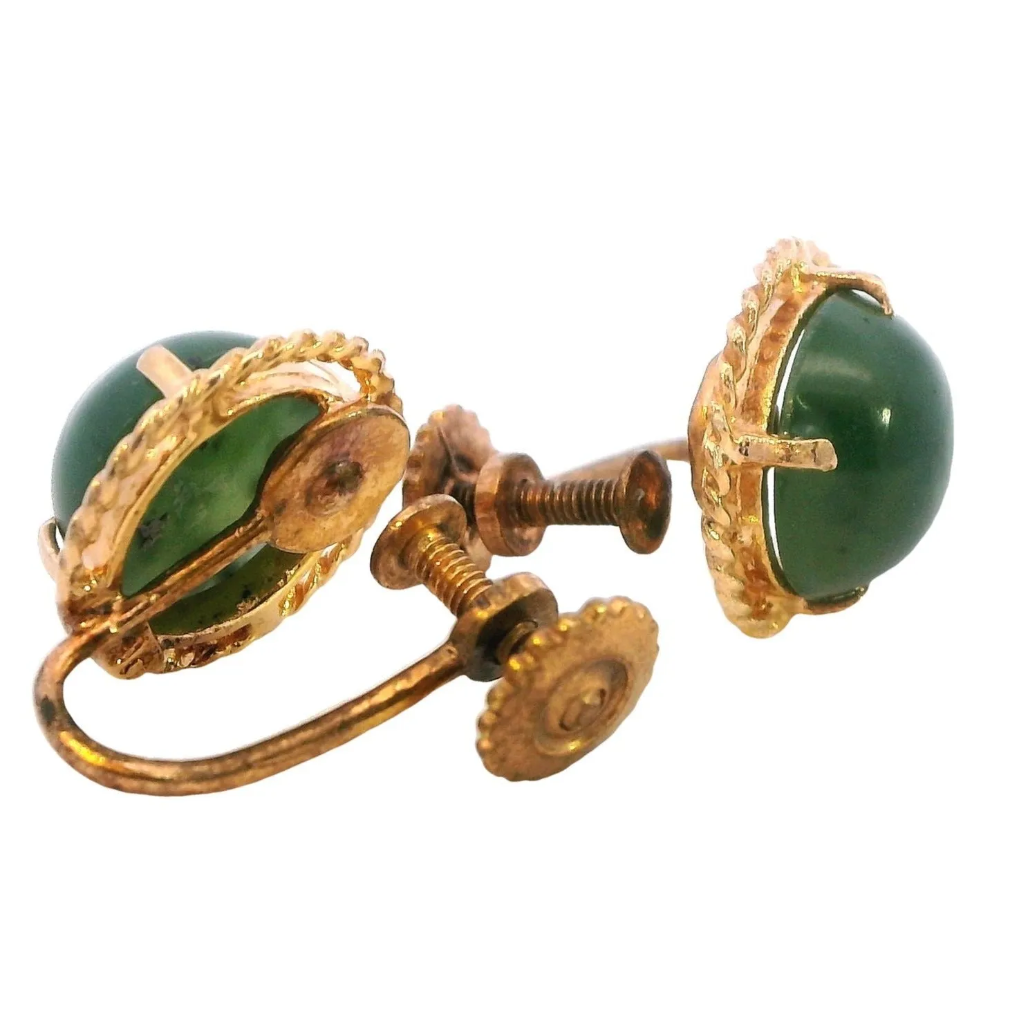 Vintage Elegance: Nephrite Jade Gold-Tone Screw Earrings - A Sustainable Choice