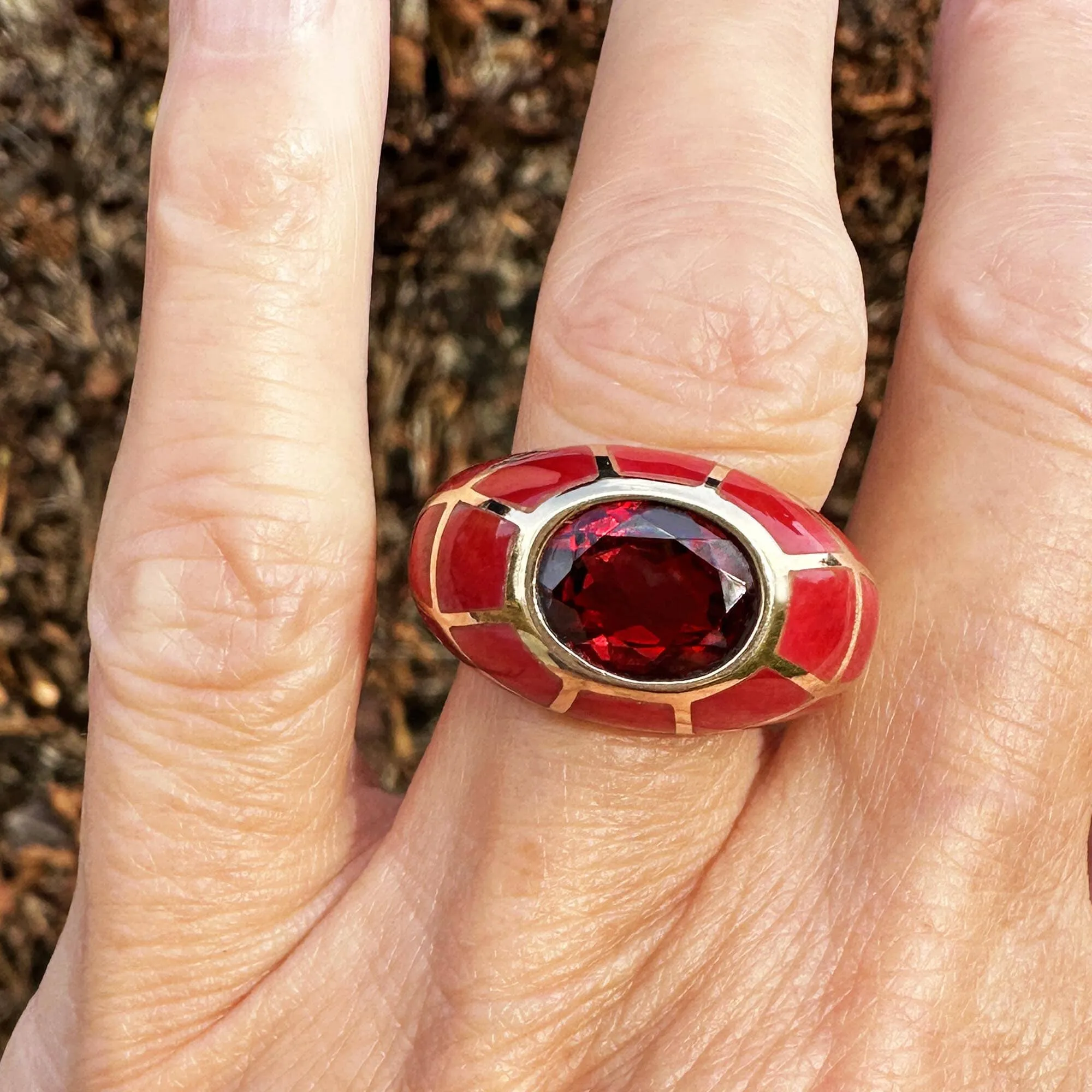 Vintage Gold Dome Red Enamel Garnet Signet Ring