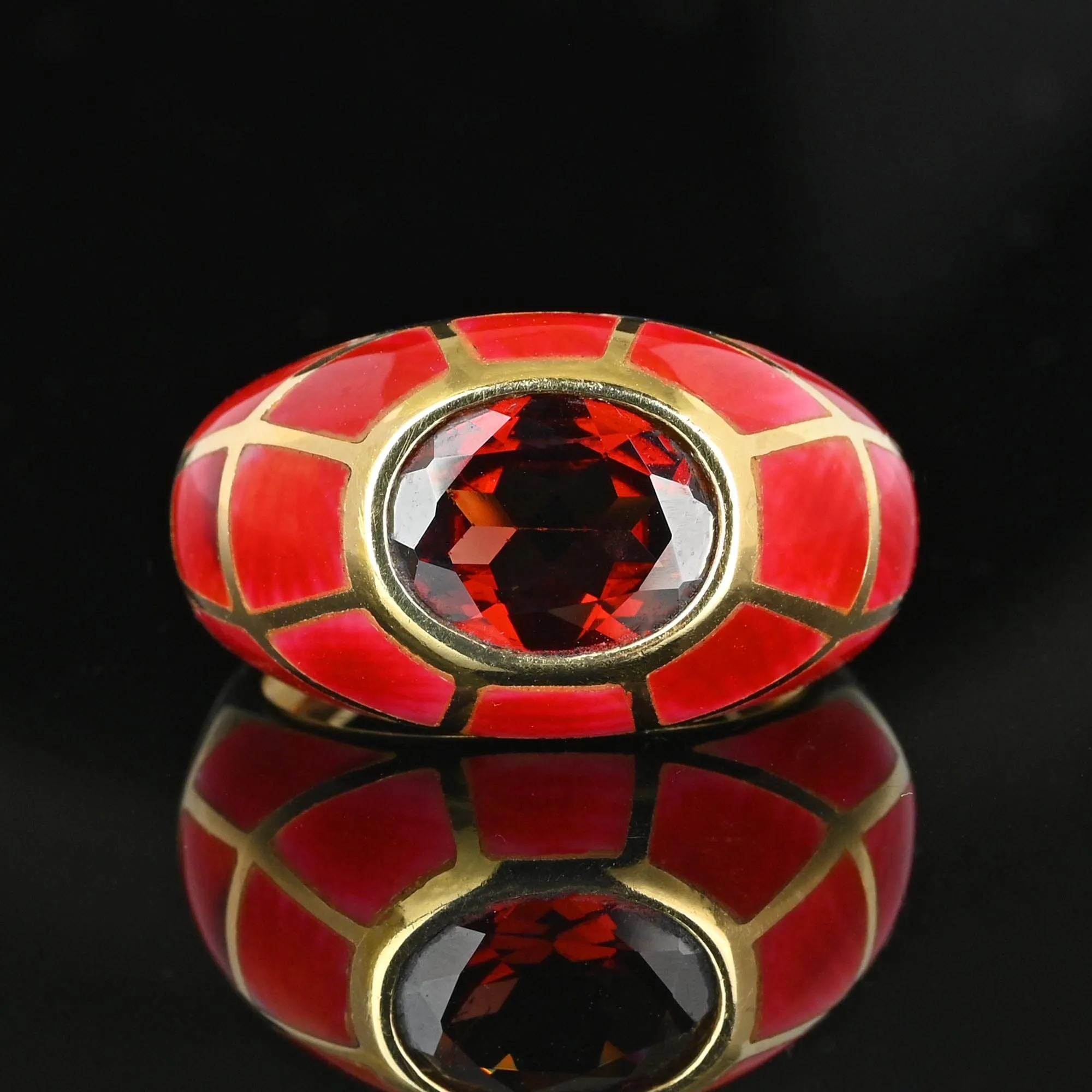 Vintage Gold Dome Red Enamel Garnet Signet Ring