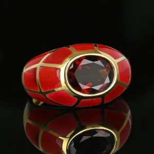 Vintage Gold Dome Red Enamel Garnet Signet Ring