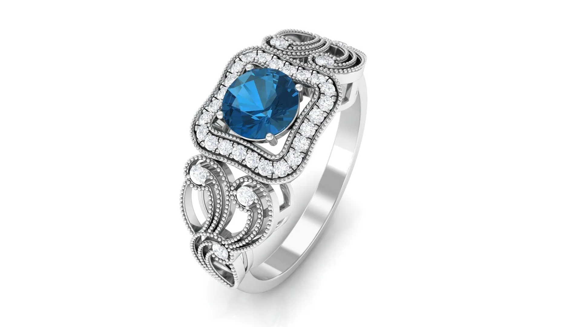 Vintage London Blue Topaz and Diamond Milgrain Engagement Ring