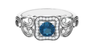 Vintage London Blue Topaz and Diamond Milgrain Engagement Ring