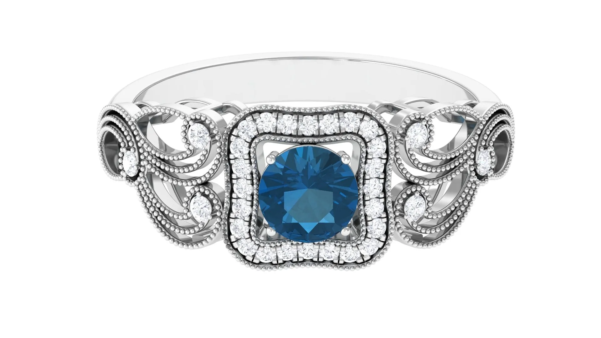 Vintage London Blue Topaz and Diamond Milgrain Engagement Ring