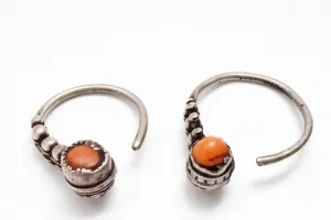 Vintage Silver and Coral Algerian Kabyle Hoop Earrings