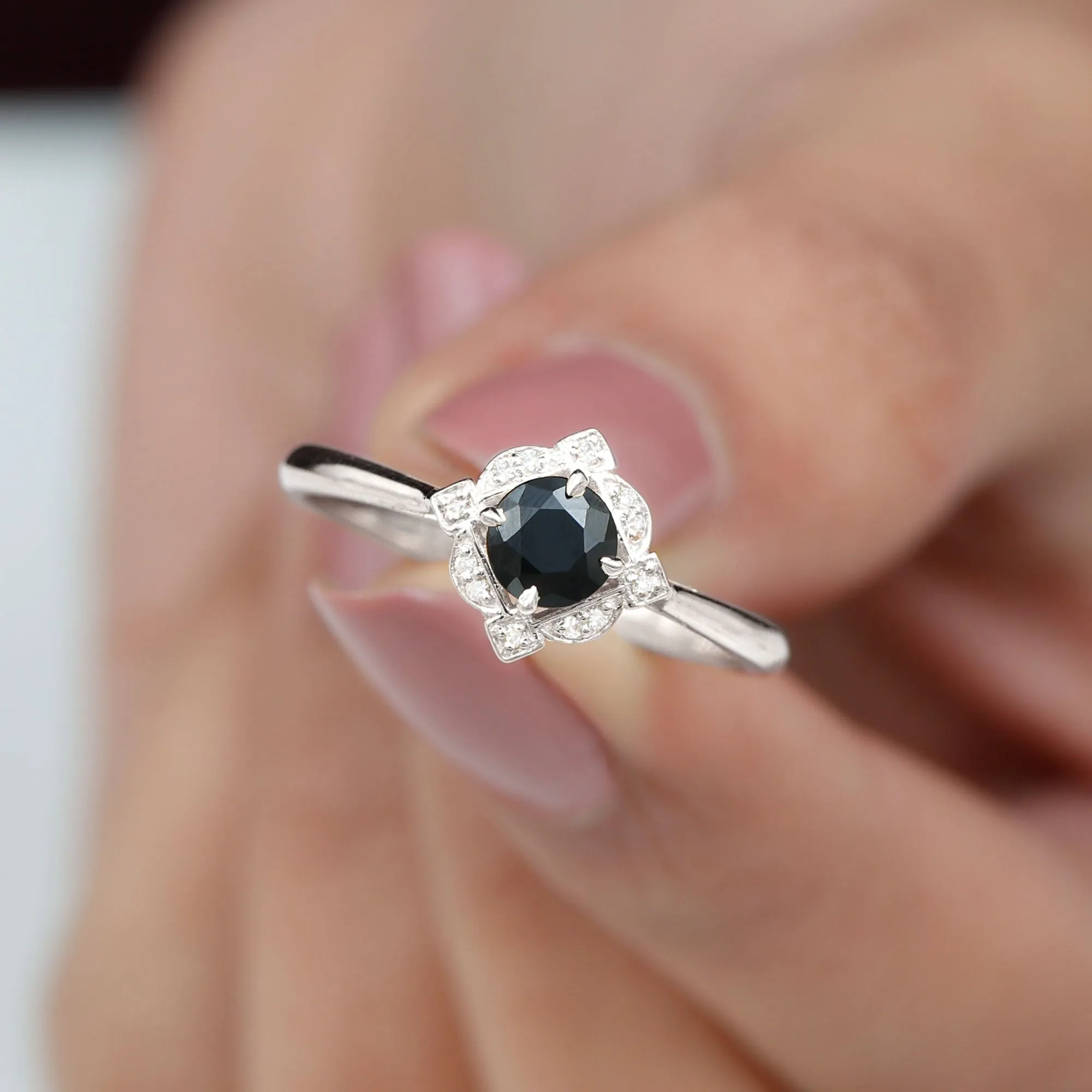 Vintage Style Black Spinel and Diamond Engagement Ring