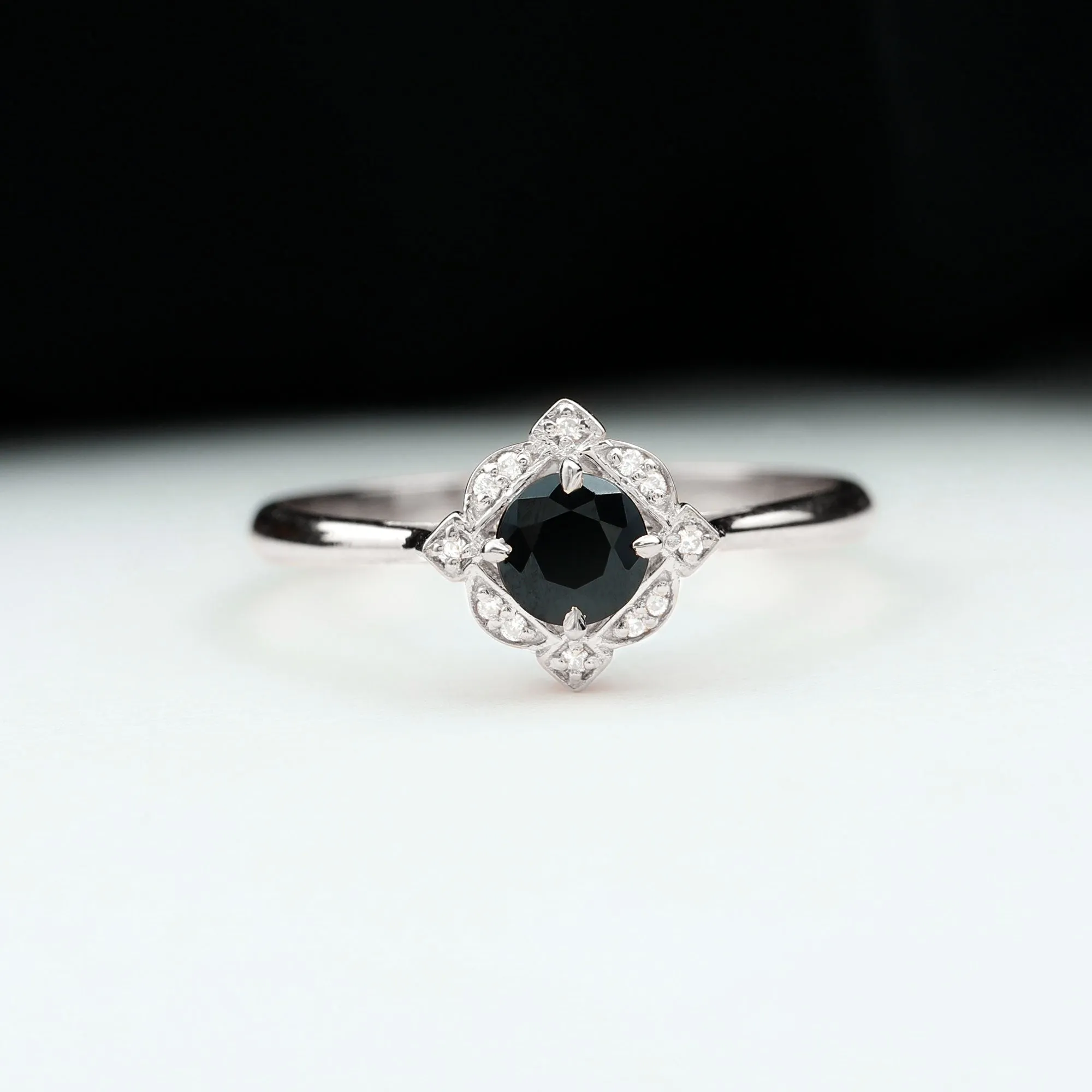 Vintage Style Black Spinel and Diamond Engagement Ring