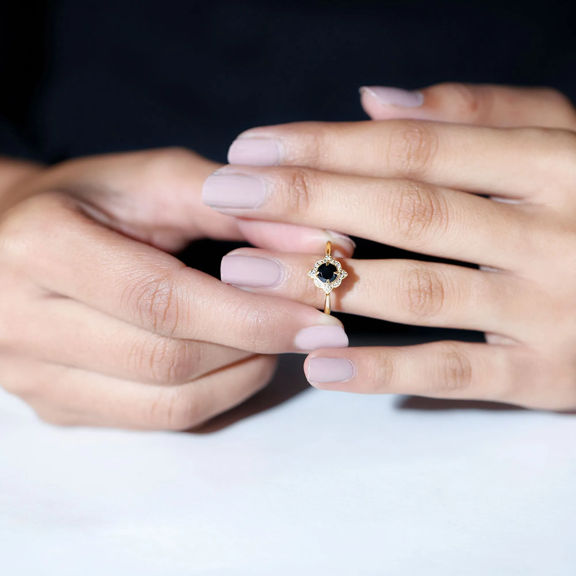 Vintage Style Black Spinel and Diamond Engagement Ring