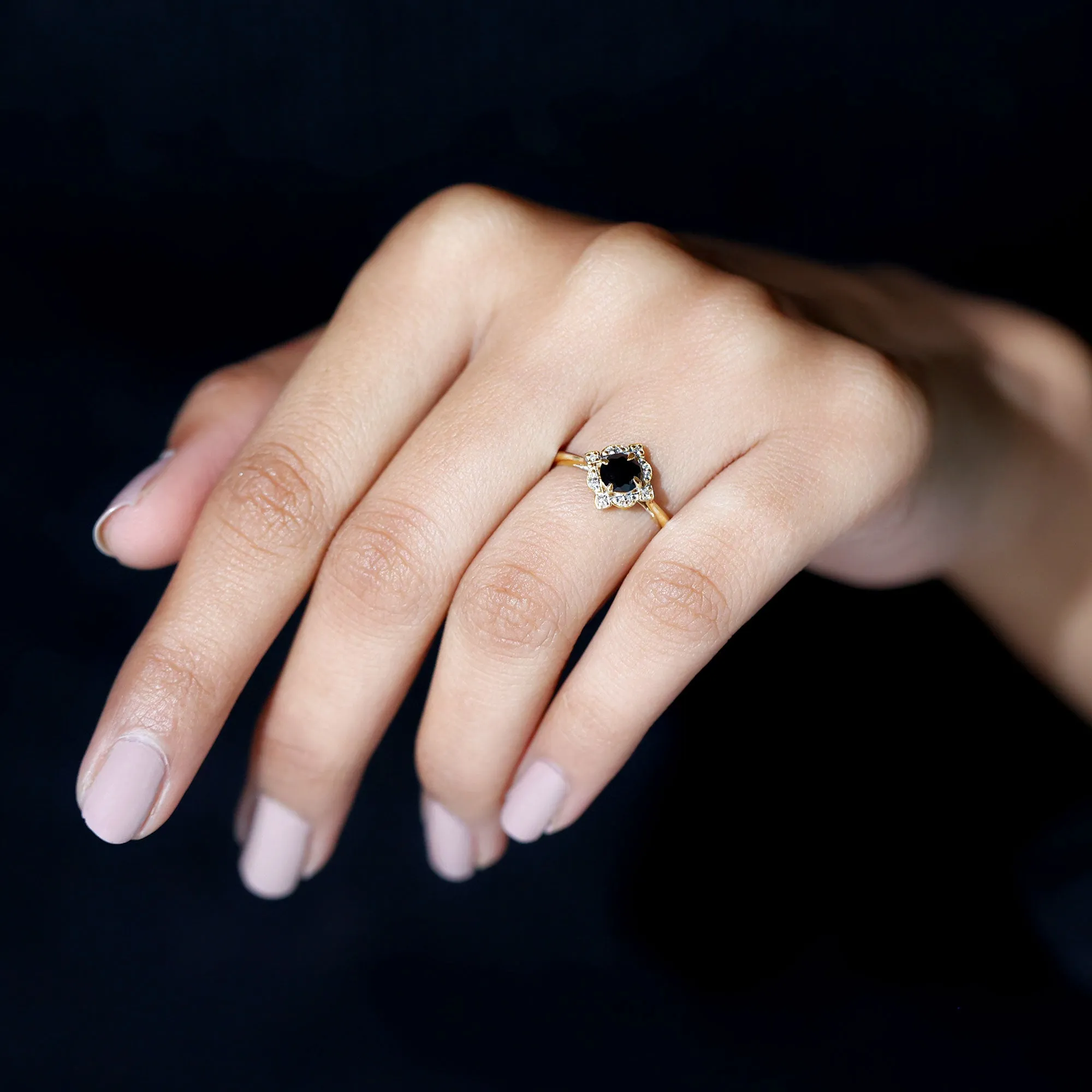 Vintage Style Black Spinel and Diamond Engagement Ring