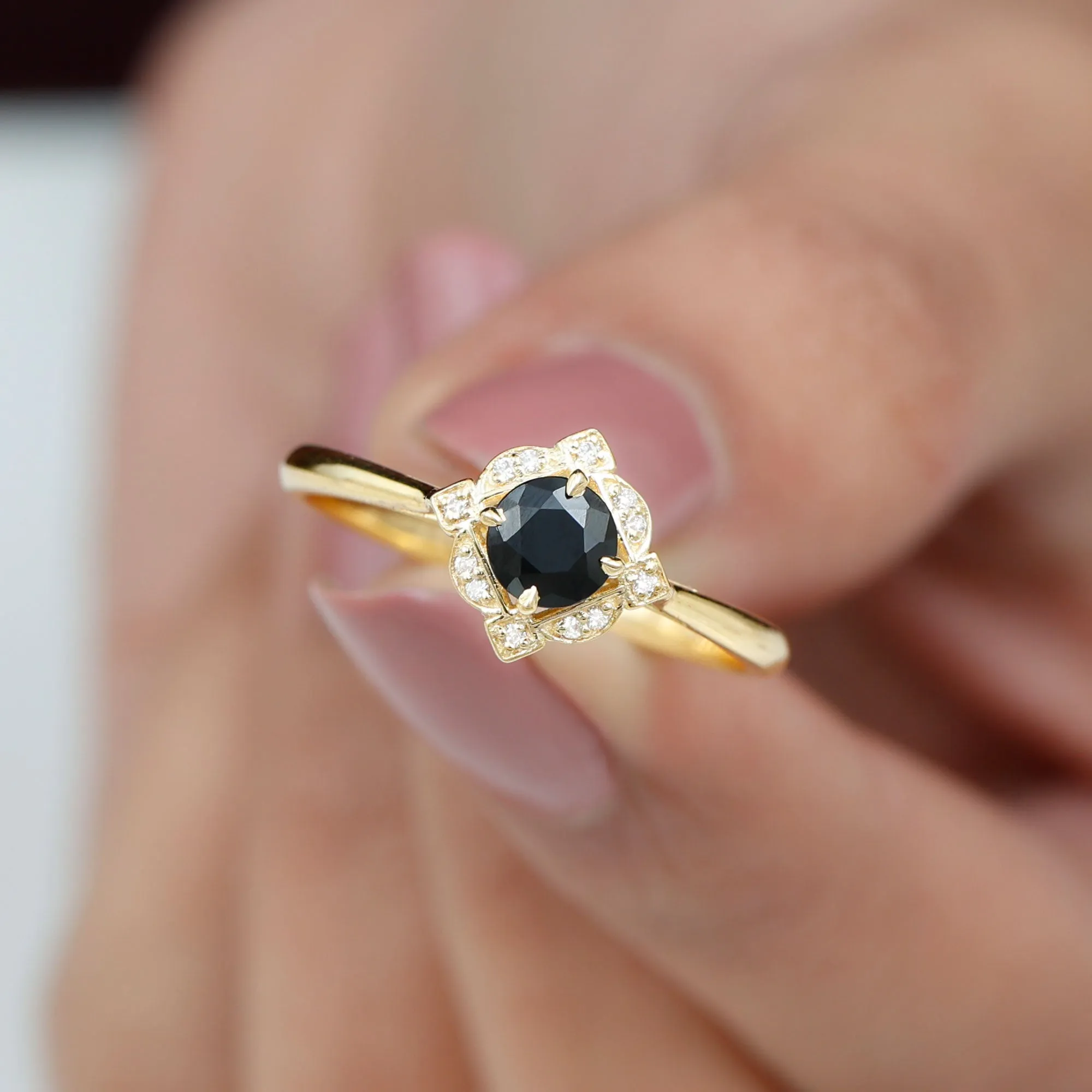 Vintage Style Black Spinel and Diamond Engagement Ring