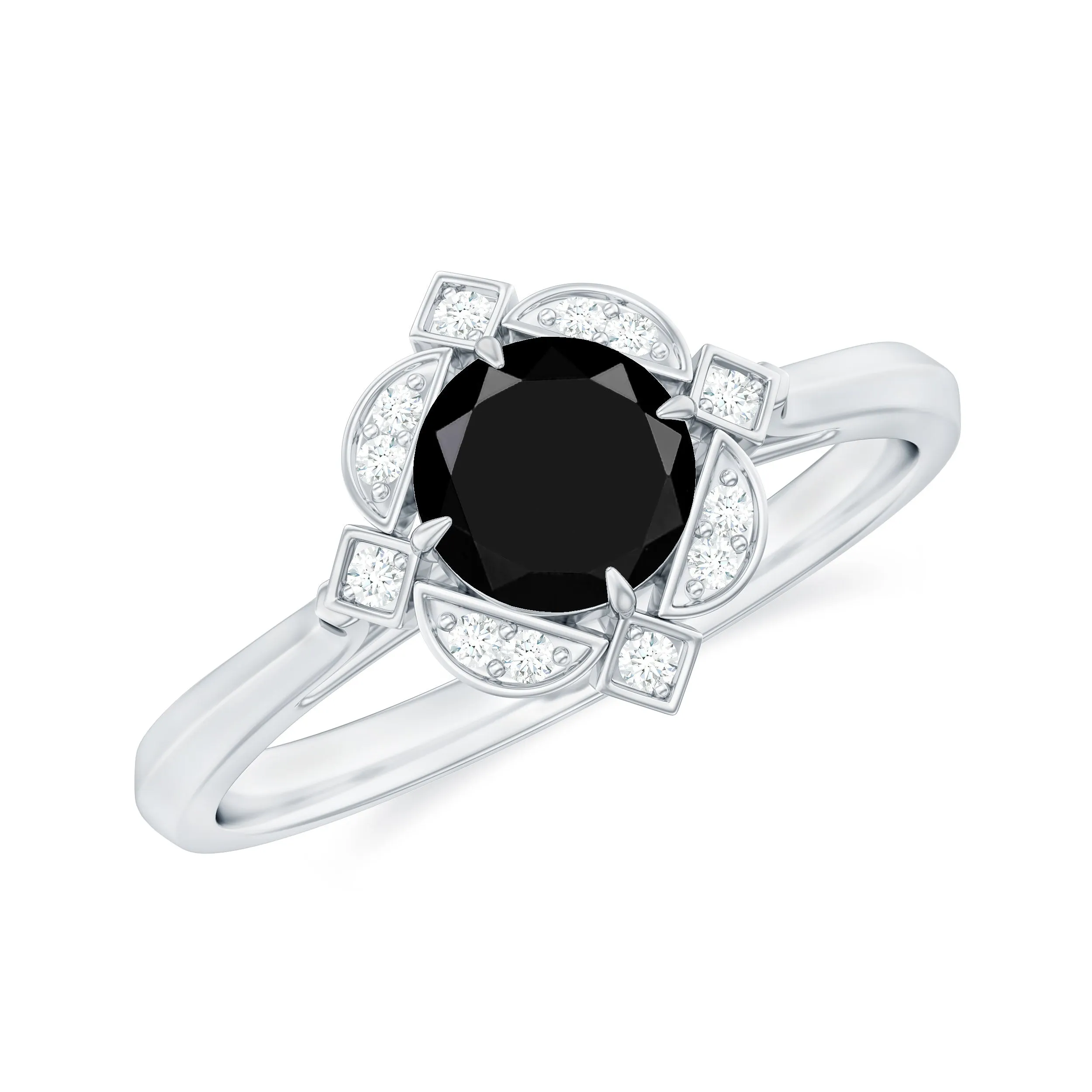 Vintage Style Black Spinel and Diamond Engagement Ring