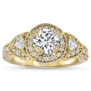 Vintage-Style Three-Stone Halo Engagement Ring with Round Center, Milgrain Details, and Low Setting – Moissanite or Lab-Grown Diamond in Gold or Platinum- Lauren