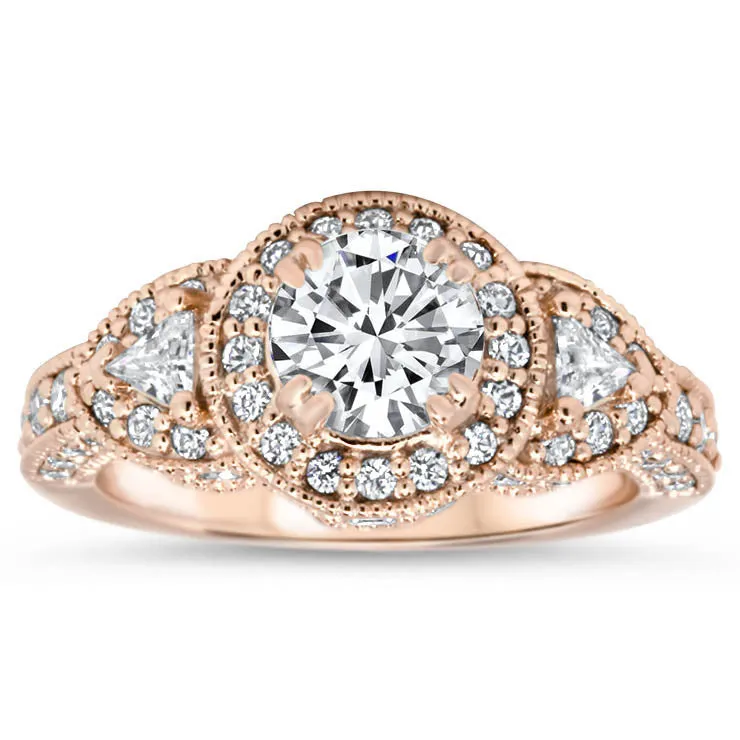 Vintage-Style Three-Stone Halo Engagement Ring with Round Center, Milgrain Details, and Low Setting – Moissanite or Lab-Grown Diamond in Gold or Platinum- Lauren