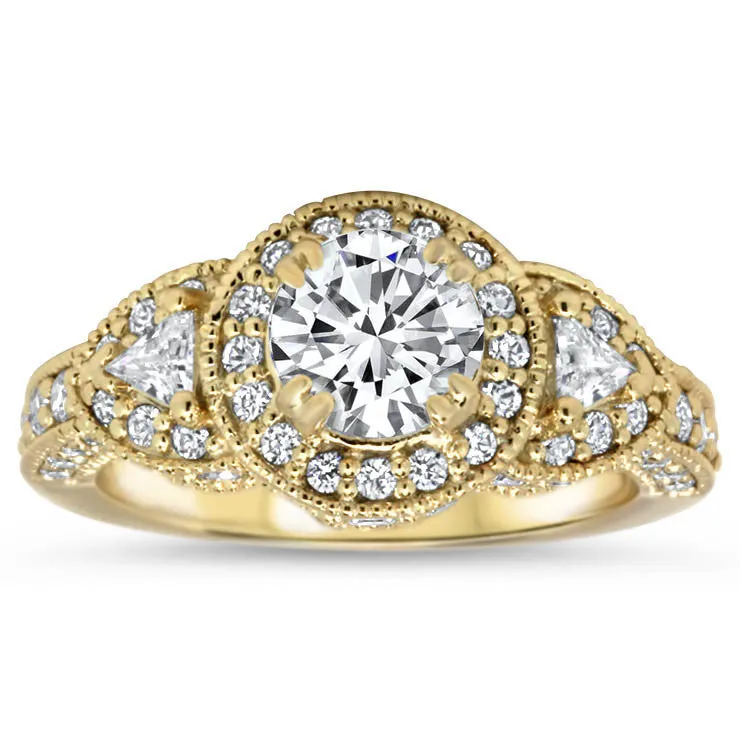 Vintage-Style Three-Stone Halo Engagement Ring with Round Center, Milgrain Details, and Low Setting – Moissanite or Lab-Grown Diamond in Gold or Platinum- Lauren