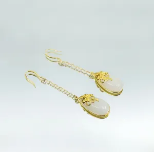 White Jade Earrings with Long Dangle Chain