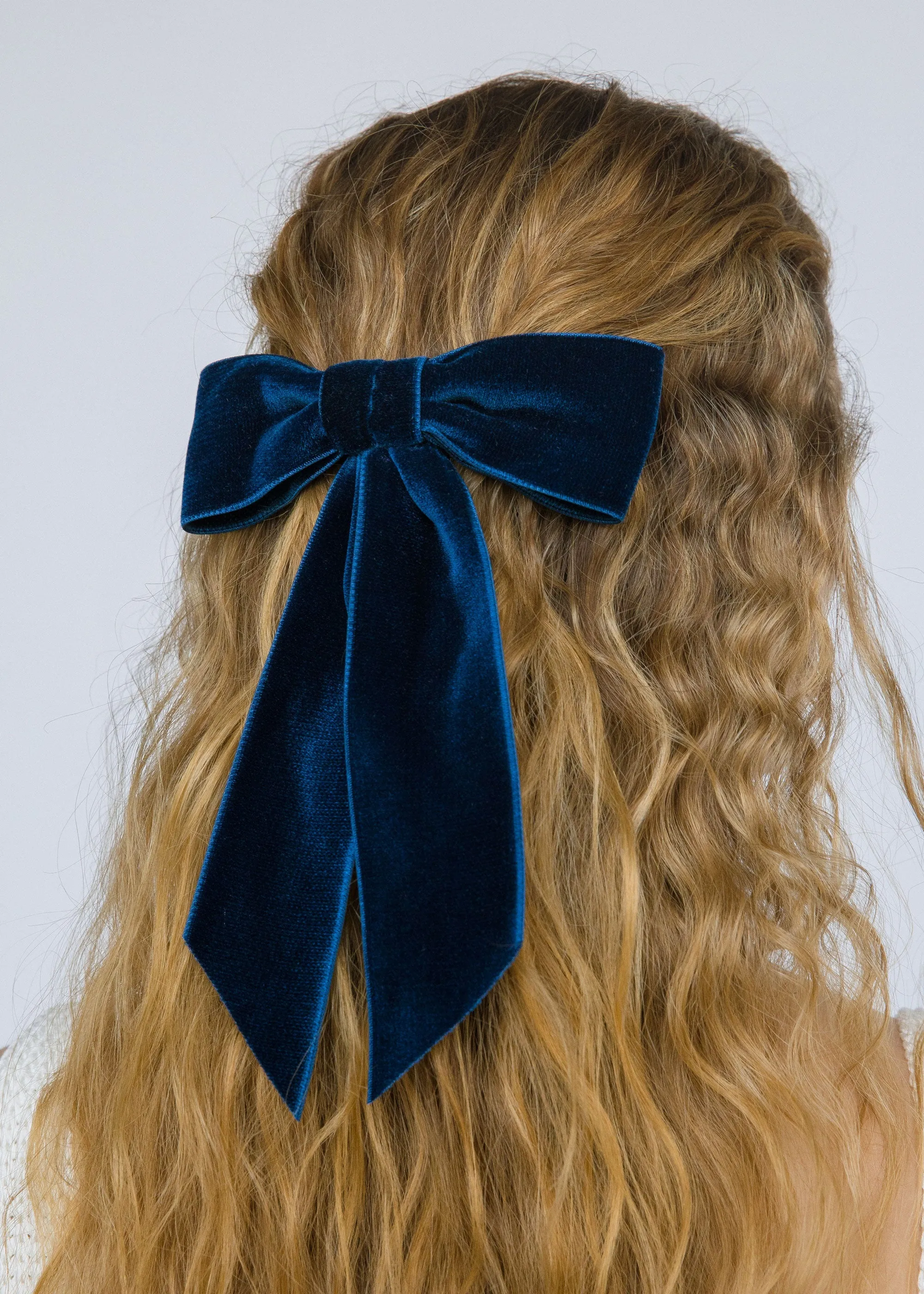 Wide Velvet Bow Barrette -- Prussian