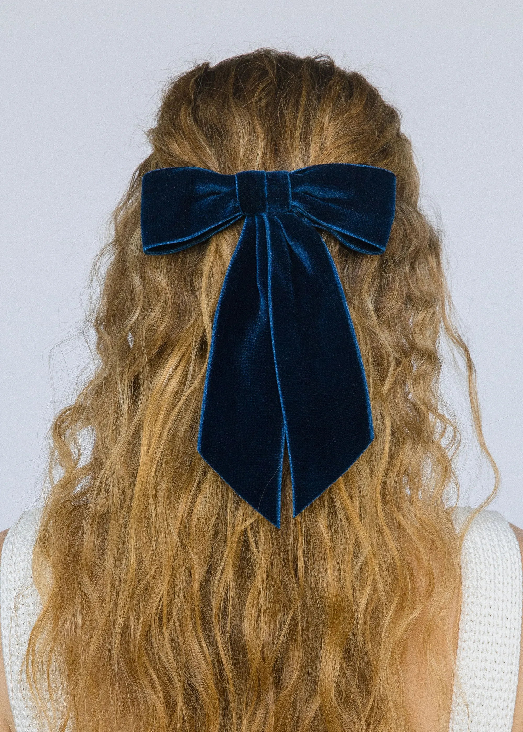 Wide Velvet Bow Barrette -- Prussian