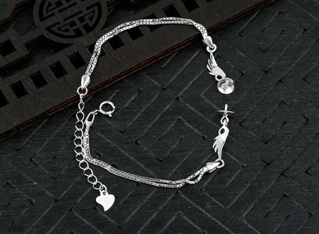 Wings Cup Pin Base Bracelet Setting Tray Bulk Sterling Silver White Gold Fine 925 6-12mm For One Pearl Bead Adjustable DIY Jewelry Wholesale