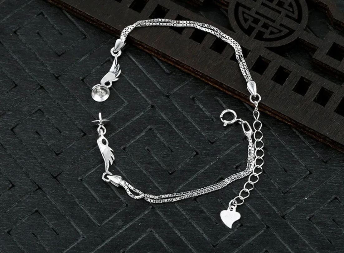 Wings Cup Pin Base Bracelet Setting Tray Bulk Sterling Silver White Gold Fine 925 6-12mm For One Pearl Bead Adjustable DIY Jewelry Wholesale